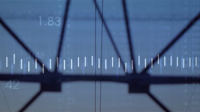 Close-up starting data overlay, high-voltage tower centered, bars pulsing, orange line showing grid