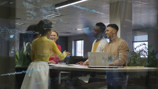 Woman in yellow initiating reach, team stacking hands over laptop for business, glass code overlays