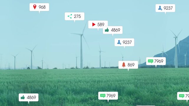 Wind farm scene showing badges appearing after ping, clustering and drifting to show engagement
