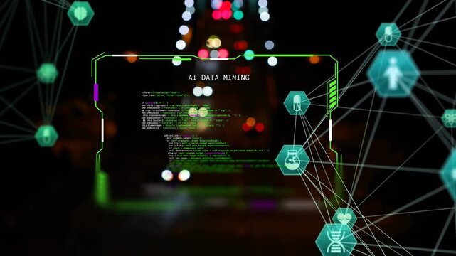 Centered HUD fading into frame, revealing scrolling code and hex network, showing AI data mining