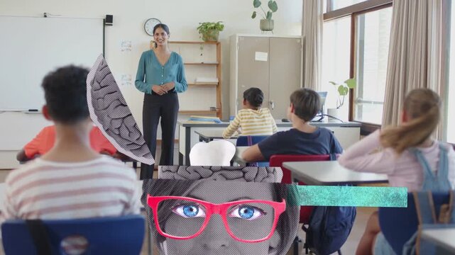 Teacher speaking, overlays showing info with red glasses and bulb obscuring classroom then receding