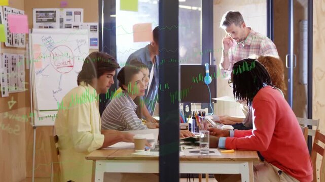 Lead passing pages, team reviewing designs in glass room, green waves on glass, consensus forming