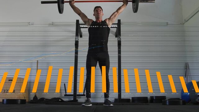 Male lifter unracking bar and jerking overhead for fitness animated orange bars filling lower frame