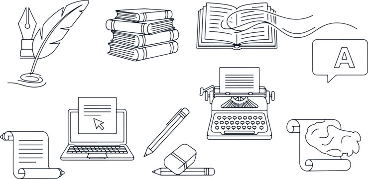 Writing and literature icons set vector illustration with quill pen books typewriter computer scroll.