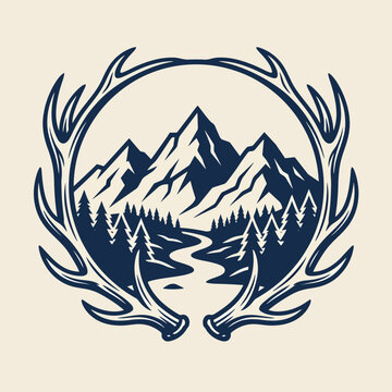 Logo illustration of mountains in a frame with deer antlers.