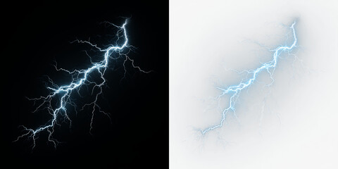 Blue and white lightning bolt striking from a cloud during a storm in the evening sky, light overlay, PNG © Liubov