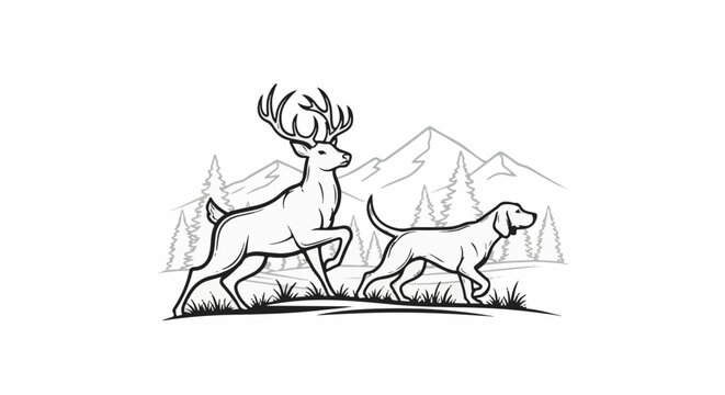 A stag and hunting dog walk through a forest with mountains