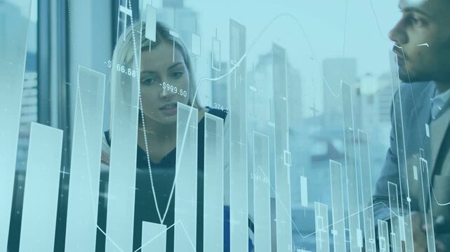 Woman at laptop shifting to animated finance charts leaning and showing data while charts changing