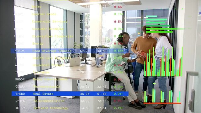 Small team walking to desk tapping device passing orange box reviewing finance charts over group