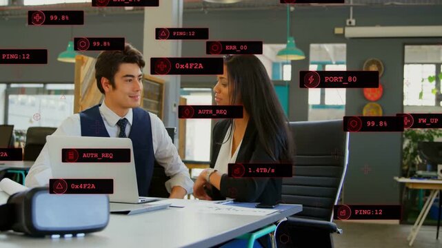 Lead pointing laptop and causing red HUD overlay for tech signoff across desk, junior shaking hands