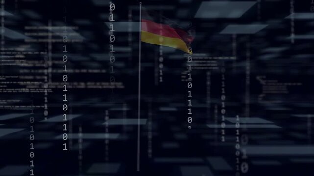 Binary code emerging initiating data flow, German banded flag rippling, columns peaking then fading
