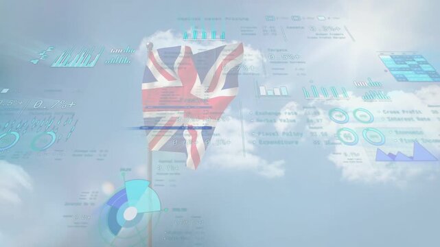 Union Jack flag twisting, wind moving, tech overlays holding steady, finger blur obscuring overlays