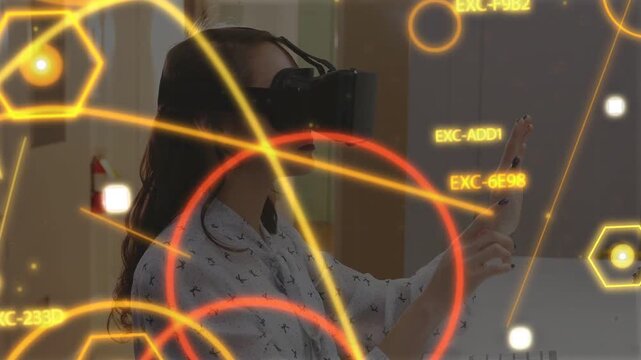 Woman in tech-demo wearing VR headset raising hands to virtual panel, hexagons circling EXC tags