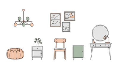 Fototapeta premium Modern home interior furniture vector set with sofa bed armchair and decor elements for room interior design