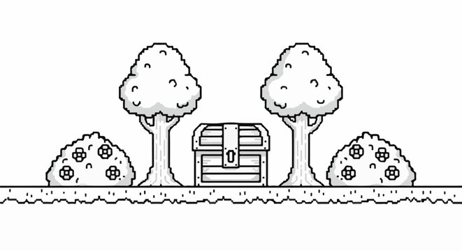 A pixel art scene featuring a treasure chest between two trees and bushes