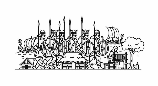 A stylized line drawing depicts Norse warriors, ships, a dwelling, and a weaver