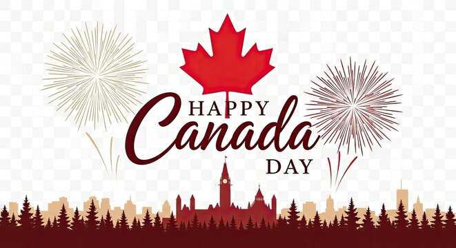 Happy canada day celebrations with fireworks and maple leaf symbol