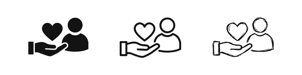 Obraz premium Customer Care and Support Icon Set - Hand Holding Heart with Person Social Responsibility Symbols