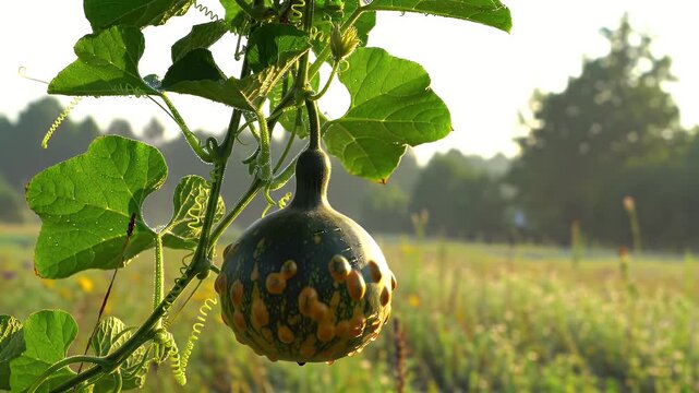 Close-up of a mottled green pumpkin or gourd hanging on vine in sunlit field