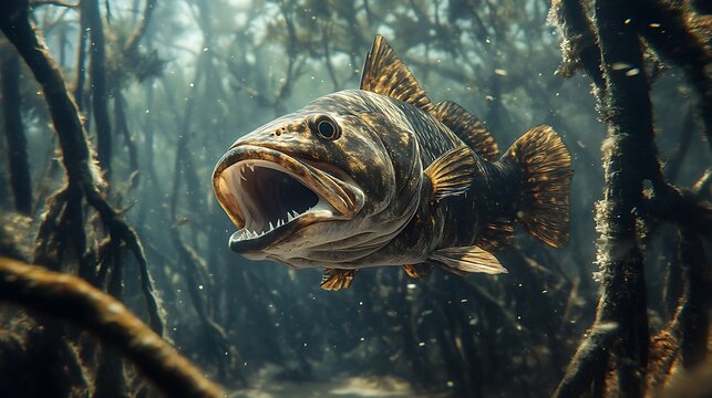 Aggressive fish swimming through underwater forest with wide mouth and sharp teeth.
