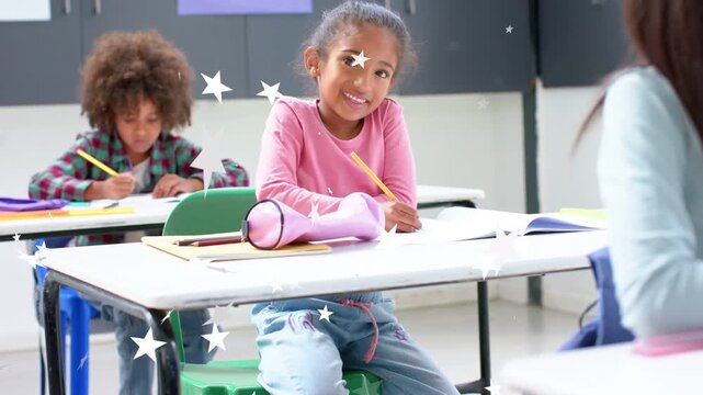 Female student writing workbook in school, stars rising, camera zooming, she smiling at peer