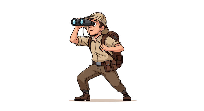 Cartoon boy explorer in safari hat and backpack looking through binoculars, ready for adventure and discovery.