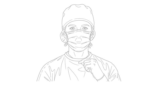 Line art illustration of a medical professional wearing a surgical cap and face mask, looking directly forward.