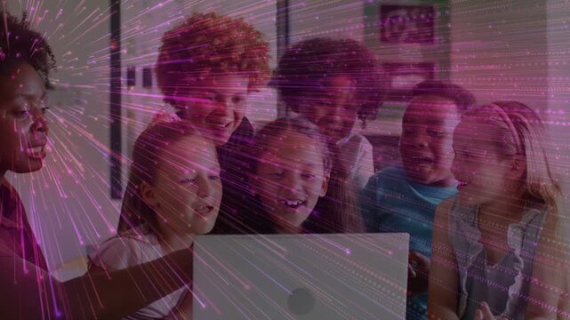 Adult pointing at laptop starting lesson, kids leaning, laughing as magenta radial overlay sweeping