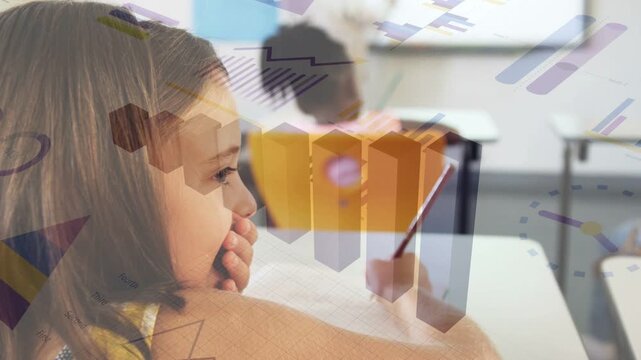 Peer whispering causing brunette pausing writing covering lips in school, charts drifting over desk