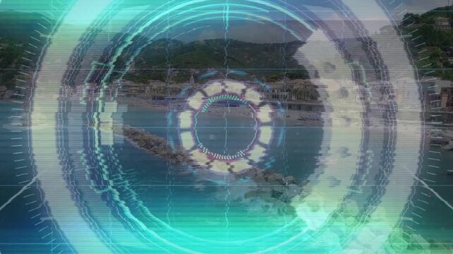 System scan starting, HUD rotating and pulsing, camera moving forward showing breakwater and bay
