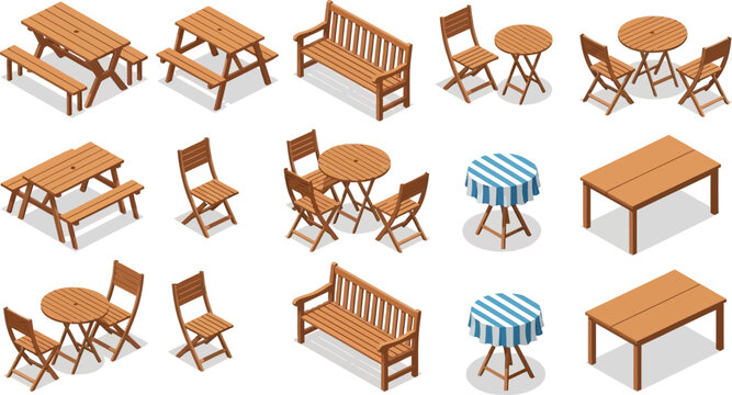 Isometric wooden outdoor furniture set featuring picnic tables benches and folding chairs for garden patio design vector illustration collection