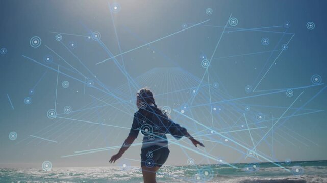 Woman running from right jumping walking into sea seeking horizon, tech nodes overlay crossing her