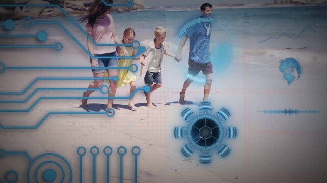 Family walking across beach as HUD waveform overlaying family mapping motion for technology