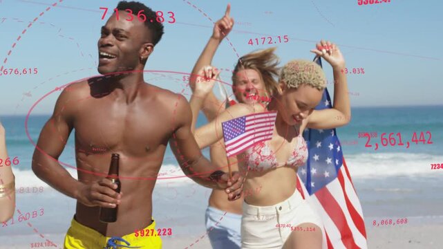 Patriotic cheer sparking group dancing, waving flags on beach, red graphics tracking for marketing