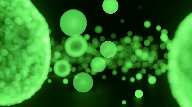 A captivating abstract image showcases a multitude of glowing green spheres suspended in a dark, atmospheric space, creating a mesmerizing visual effect.