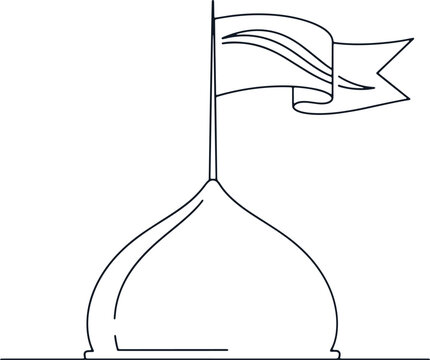 Outline drawing of Islamic dome with waving flag on top, religious architecture and cultural symbol.