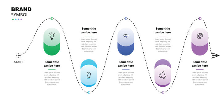 Wavy line process infographic with six steps and modern icons tracking a project journey from start to finish for business planning