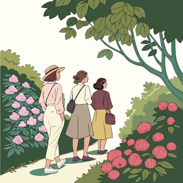three women walking through a garden with lush flowers high quality