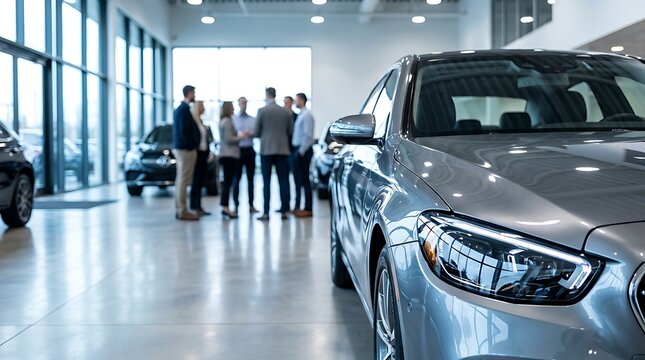 Modern car in a luxury dealership showroom with sales team and customers talking in the background