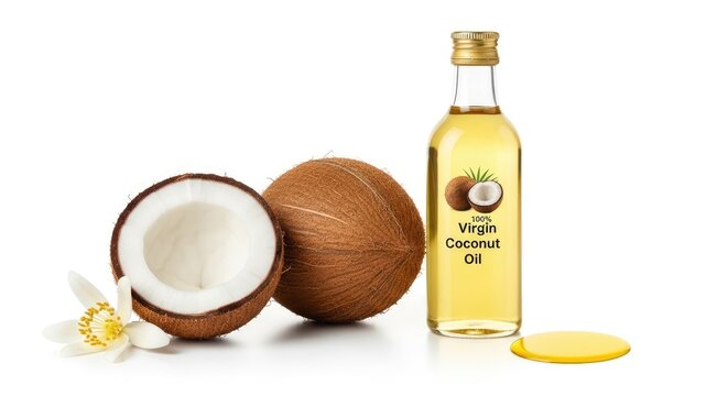 A bottle of 100% Virgin Coconut Oil sits on a white surface, accompanied by a whole coconut, a coconut half, a coconut shell, and a flower. The bottle is clear glass with a golden liquid inside.