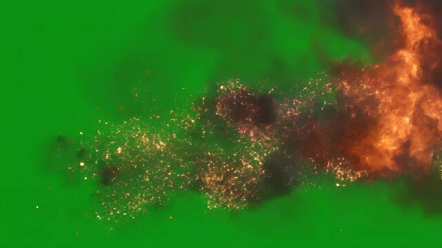 A vibrant explosion of orange and red flames bursts against a bright green screen, creating a dynamic visual effect suitable for compositing.