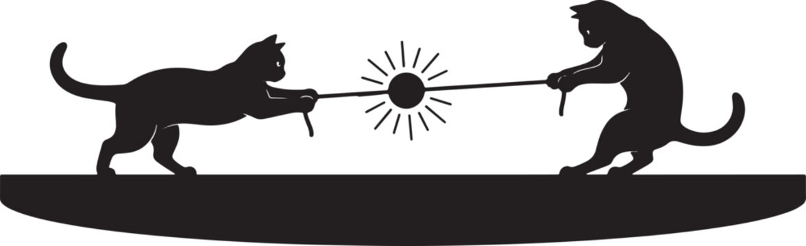 Two cats silhouette pulling rope taut, energy burst between them, competition and conflict concept, playful or serious tug of war.
