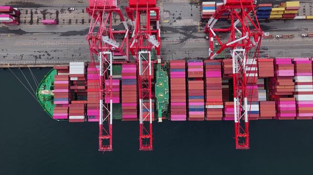 Top View Container Terminal With Cranes And Trucks Loading And Unloading Cargo Ships Halifax Nova Scotia Canada Daytime Logistics Global Trade Supply Chain Maritime Industry 4K