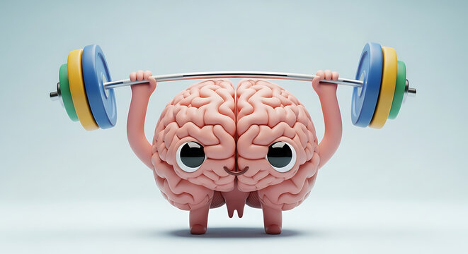 A strong brain character lifting weights symbolizing cognitive strength and mental fitness, representing intellectual power and brain training