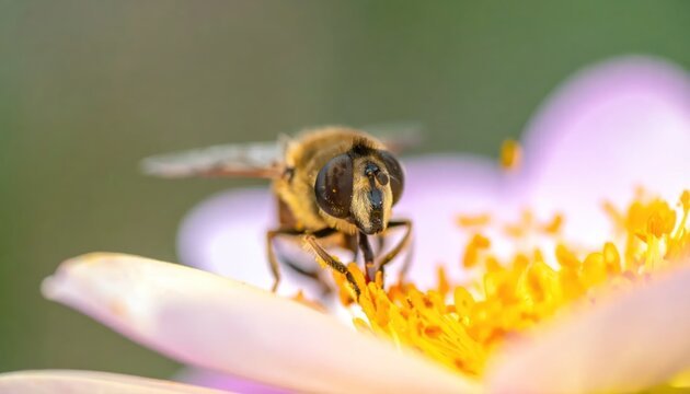 Bee Collecting Pollen from White Flower Petal.