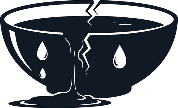 Cracked bowl spilling water cartoon illustration isolated on transparent background sadness broken object.