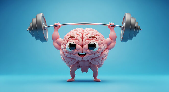 This anthropomorphic, muscular brain is lifting weights, symbolizing mental strength and cognitive development through exercise and learning