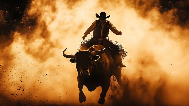 Cowboy riding a bull through dust during an intense rodeo competition event