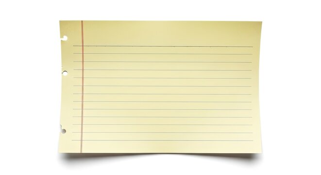 A yellow lined notepad is positioned on a white background. The paper has punched holes along its left edge and is slightly crumpled.