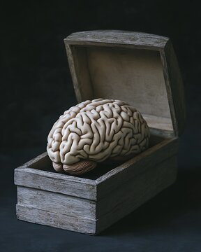 Human Brain Replica in Wooden Box Depicting Knowledge Preservation Concept